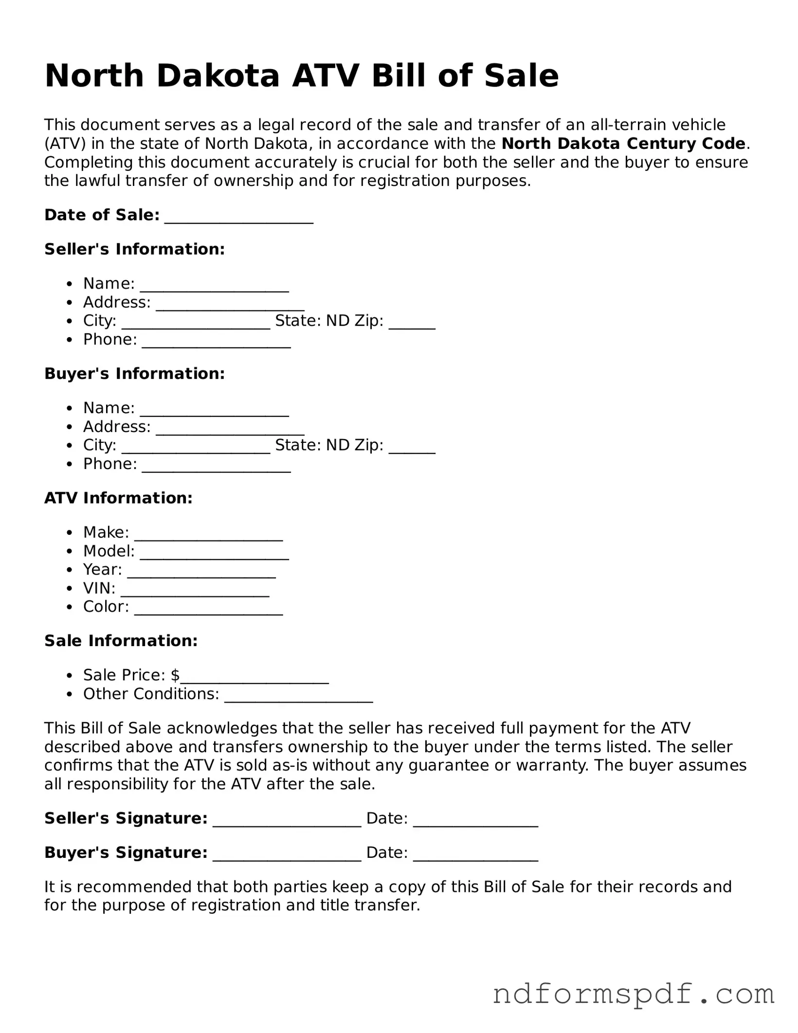 Attorney-Verified ATV Bill of Sale Form for the State of North Dakota