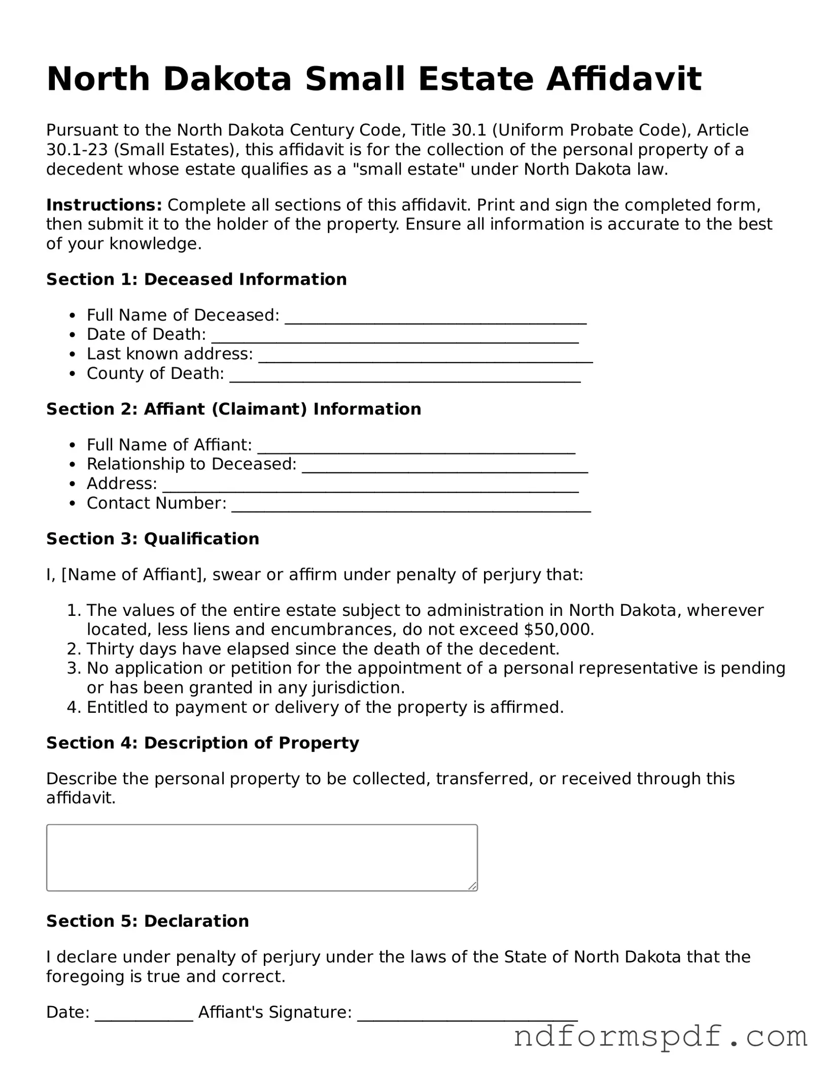 Attorney-Verified Small Estate Affidavit Form for the State of North Dakota