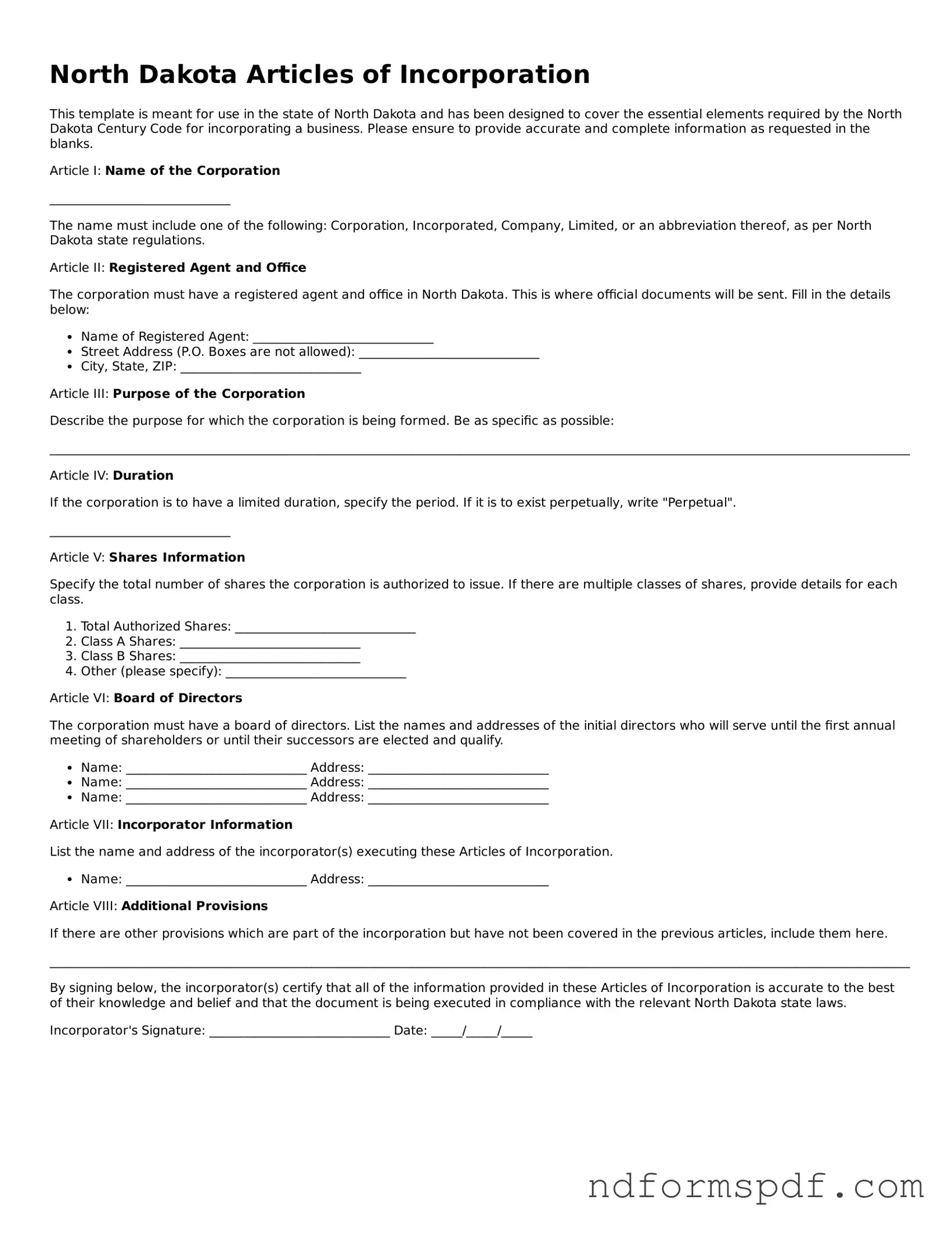 Attorney-Verified Articles of Incorporation Form for the State of North Dakota