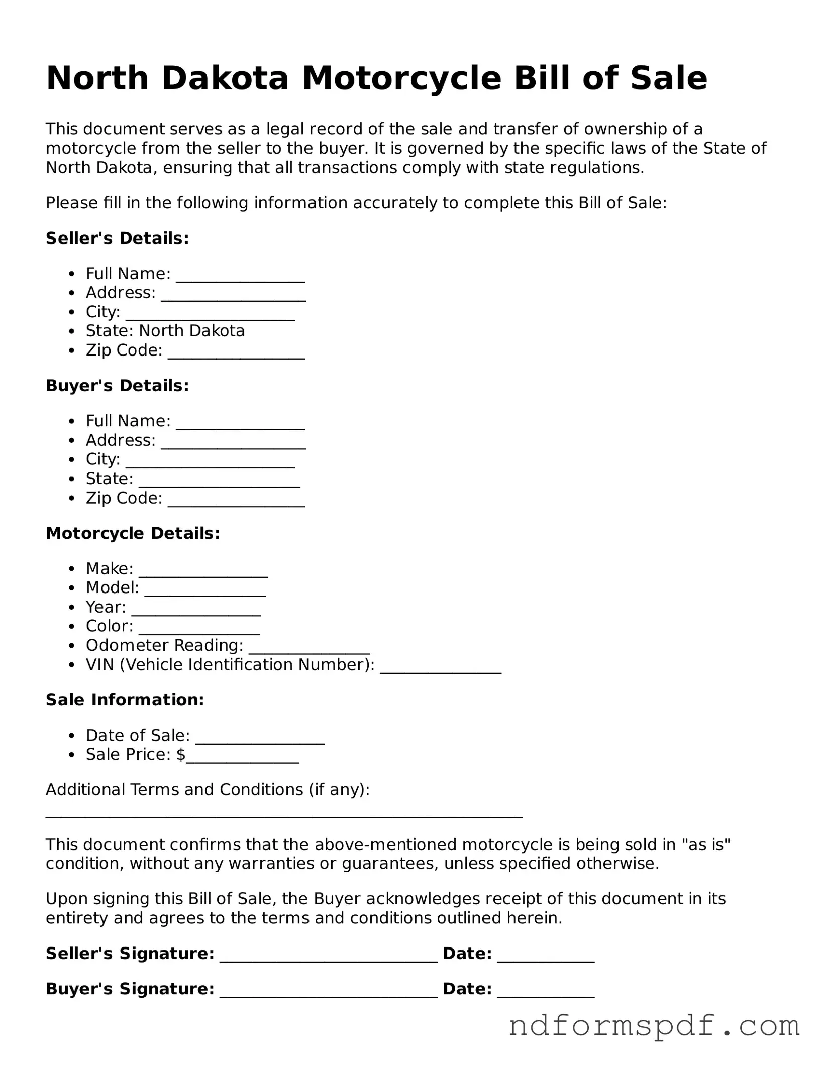 Attorney-Verified Motorcycle Bill of Sale Form for the State of North Dakota