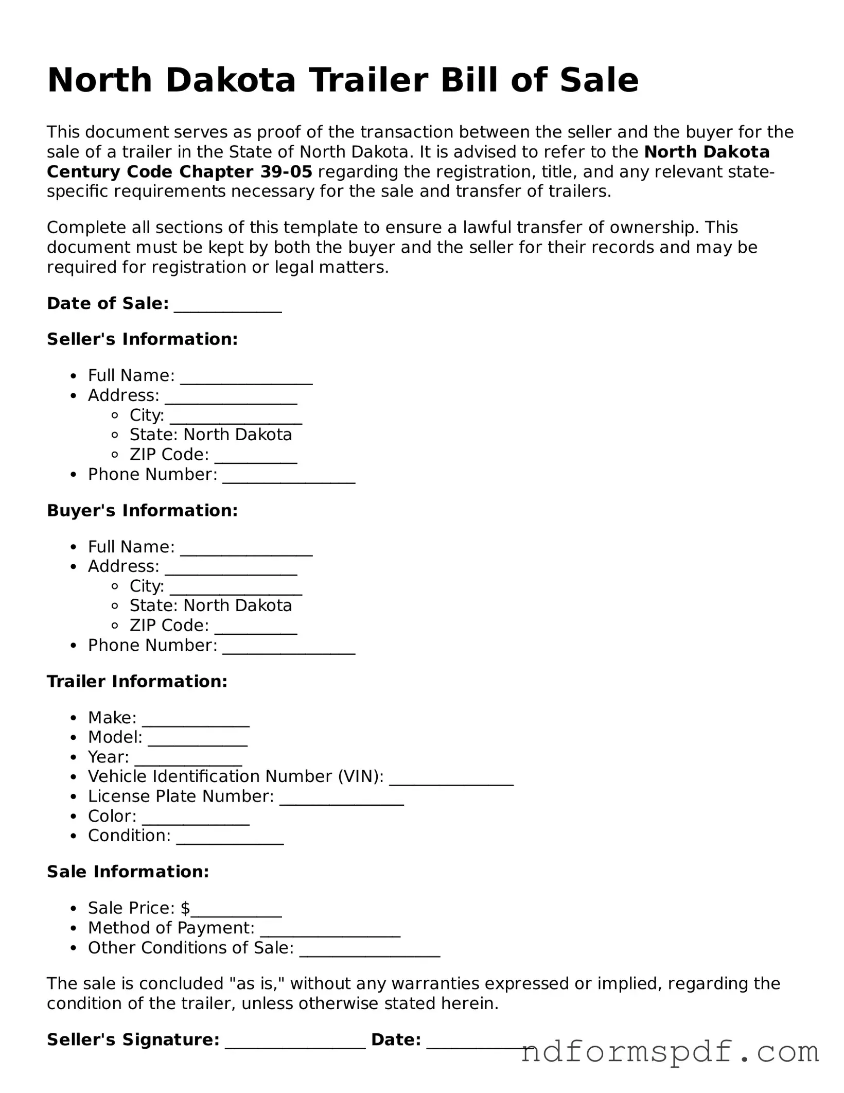 Attorney-Verified Trailer Bill of Sale Form for the State of North Dakota