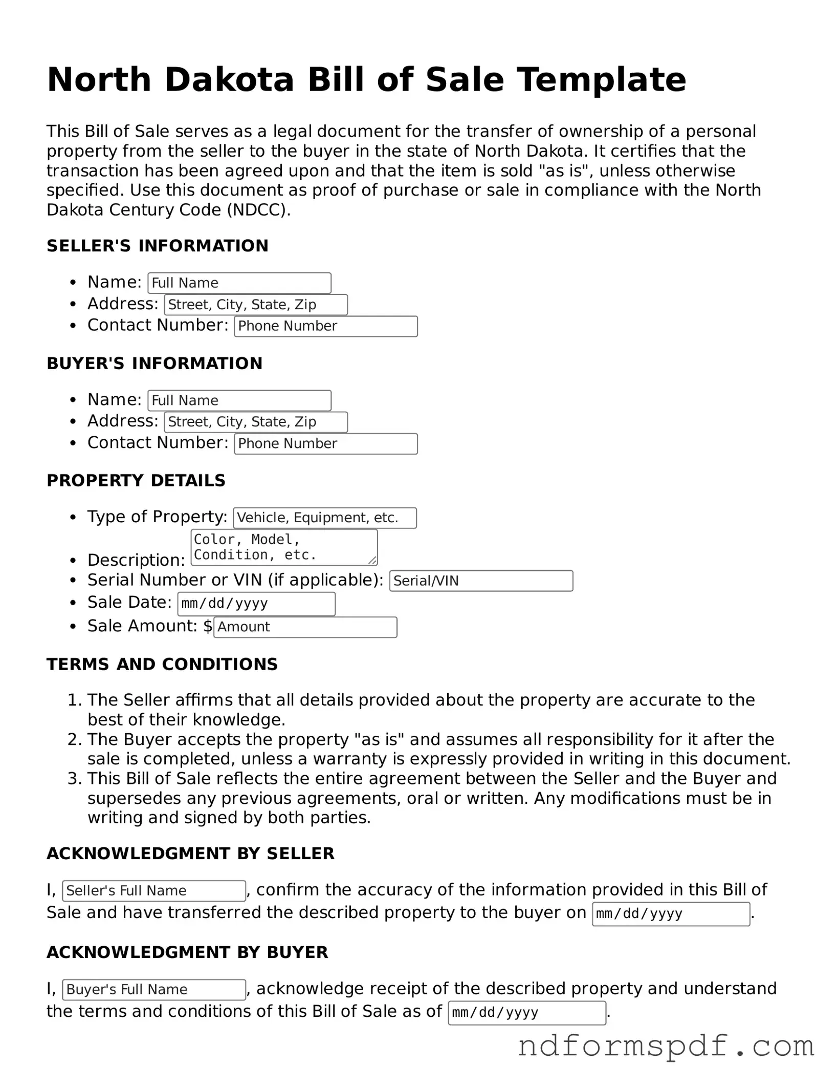 Attorney-Verified Bill of Sale Form for the State of North Dakota
