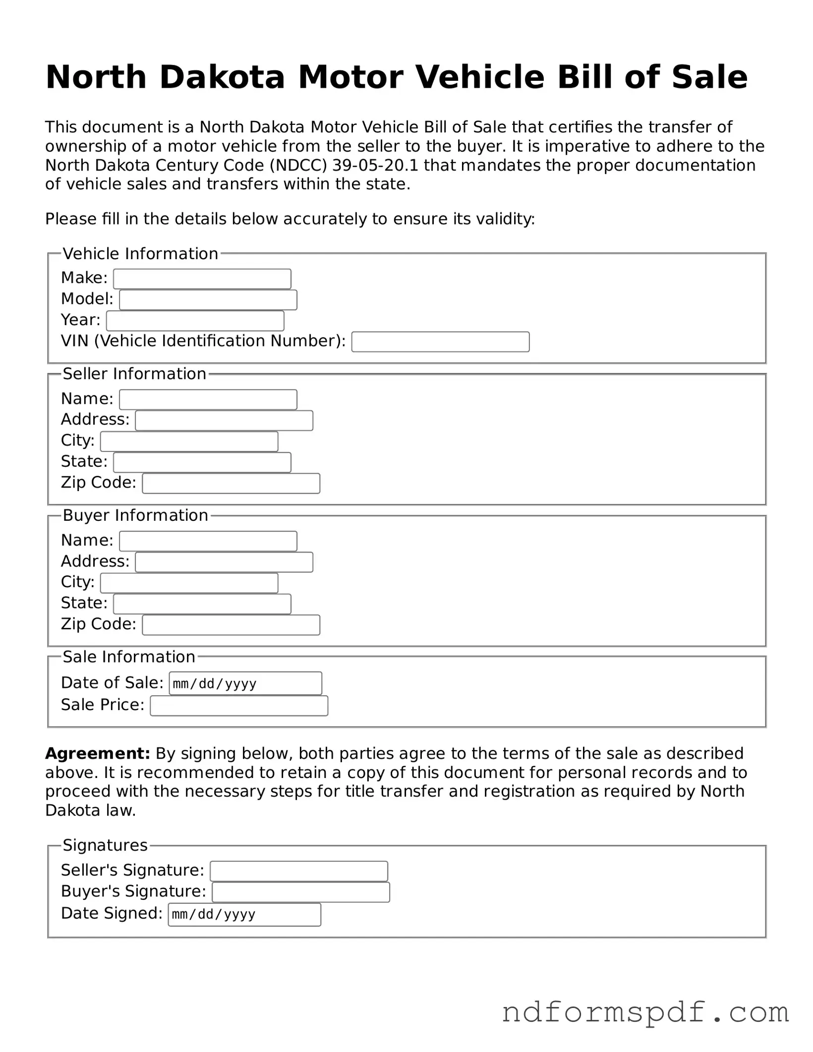 Attorney-Verified Motor Vehicle Bill of Sale Form for the State of North Dakota