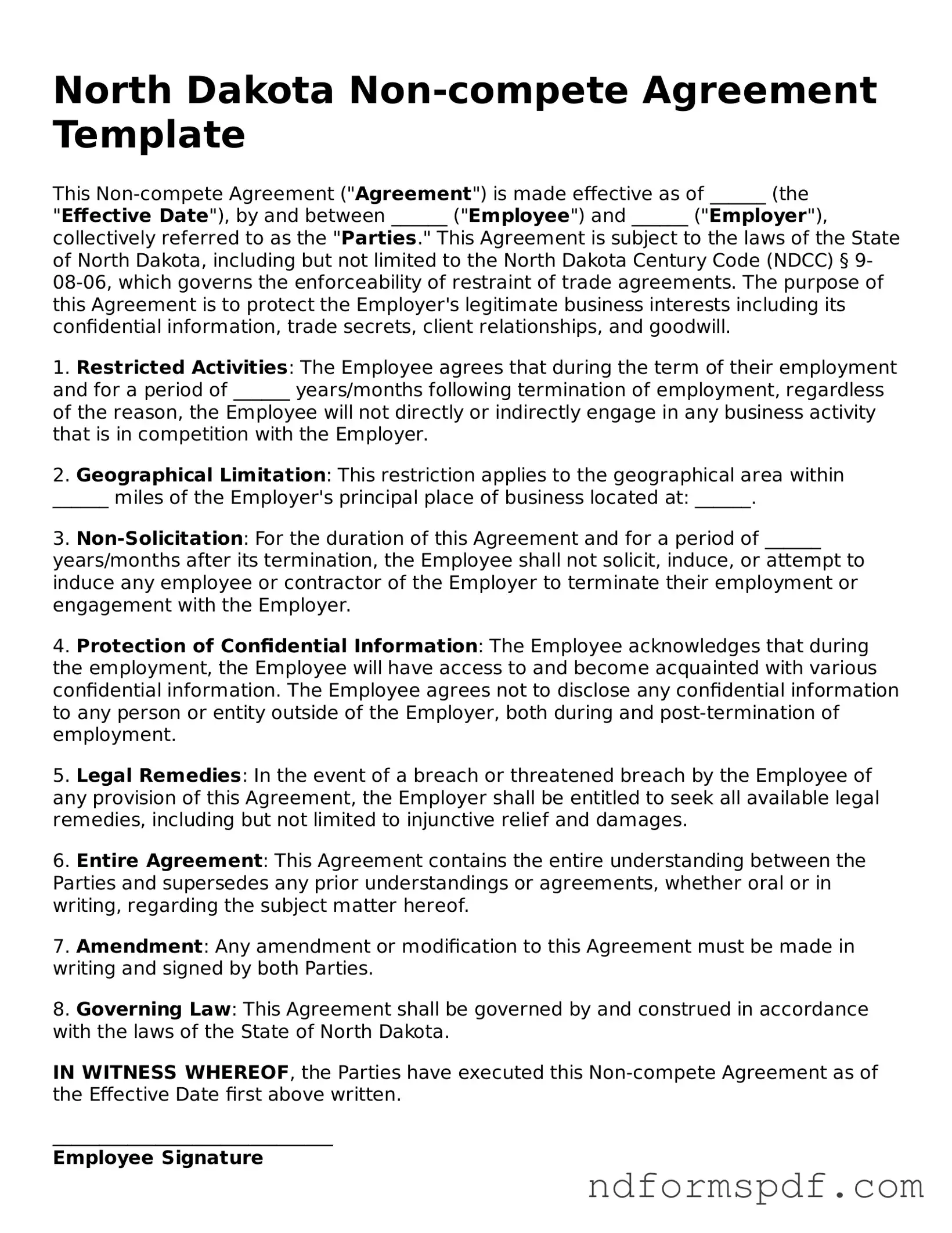 Attorney-Verified Non-compete Agreement Form for the State of North Dakota