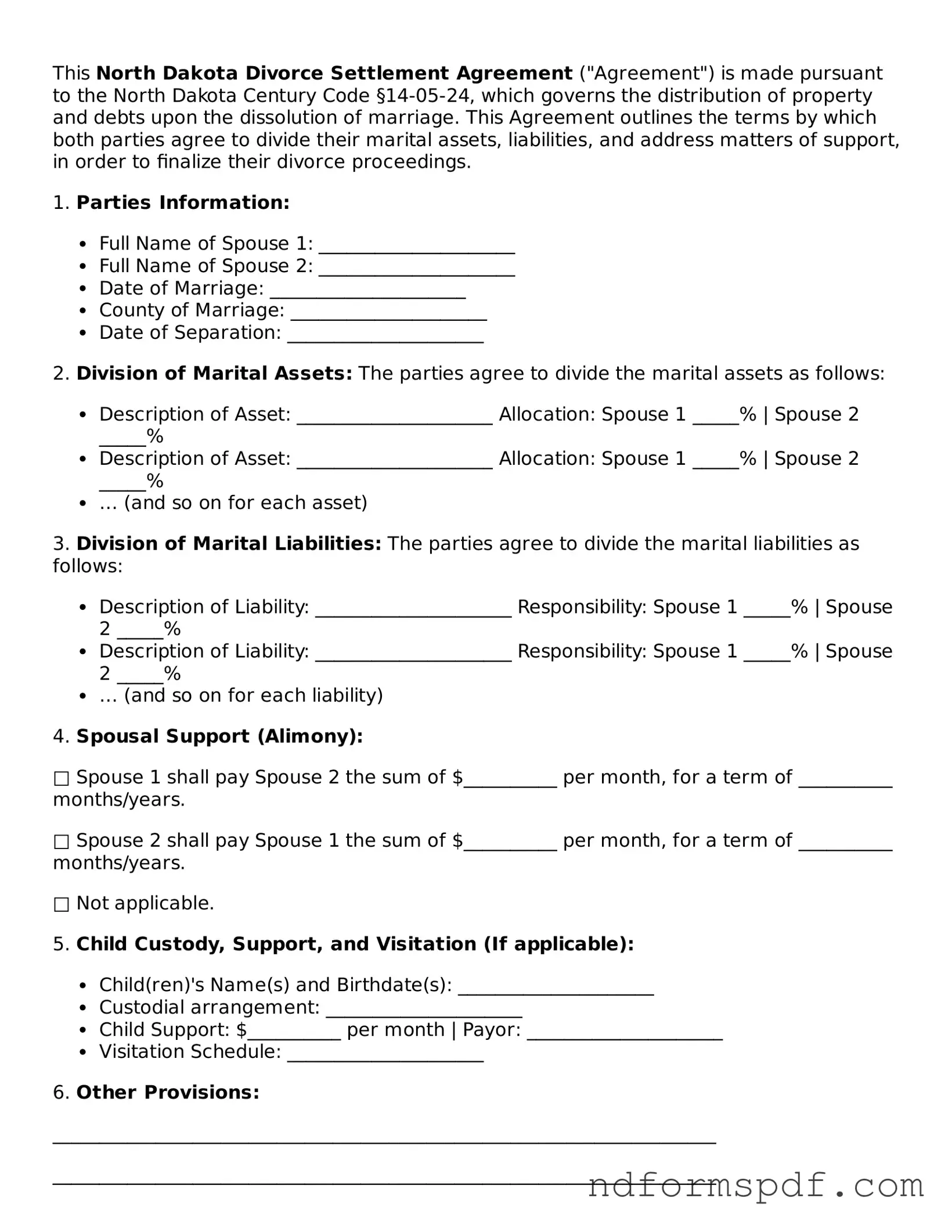Attorney-Verified Divorce Settlement Agreement Form for the State of North Dakota