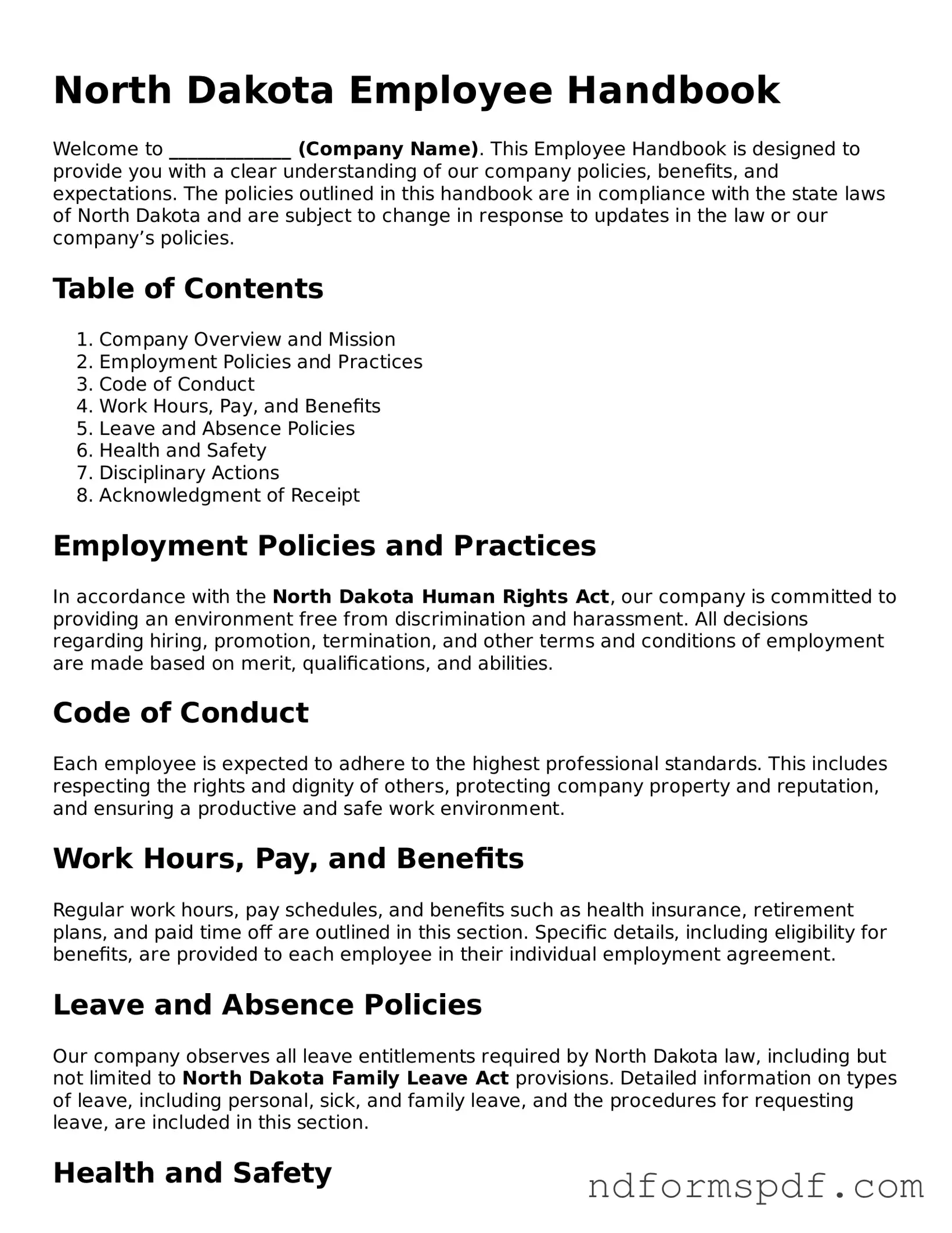 Attorney-Verified Employee Handbook Form for the State of North Dakota