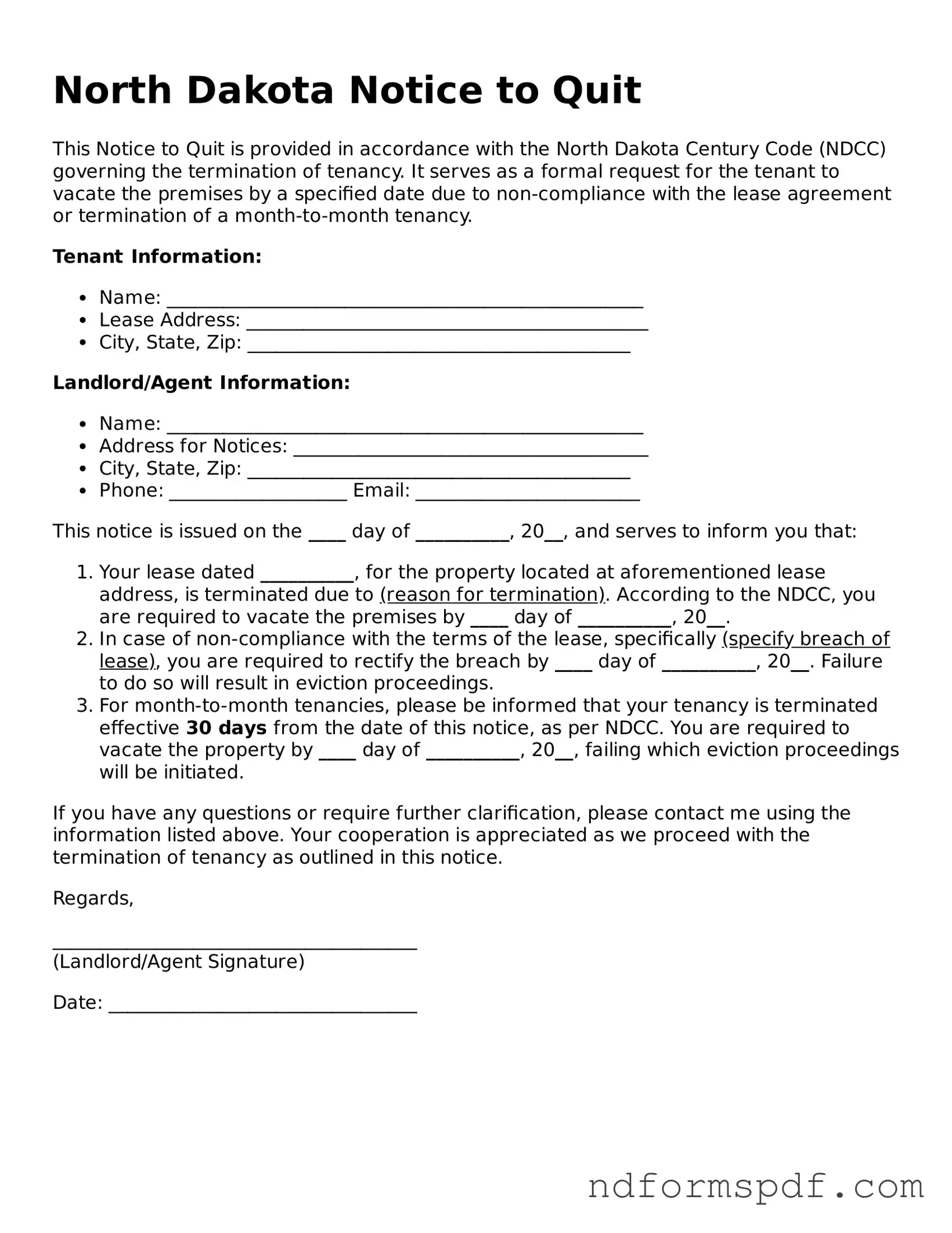 Attorney-Verified Notice to Quit Form for the State of North Dakota
