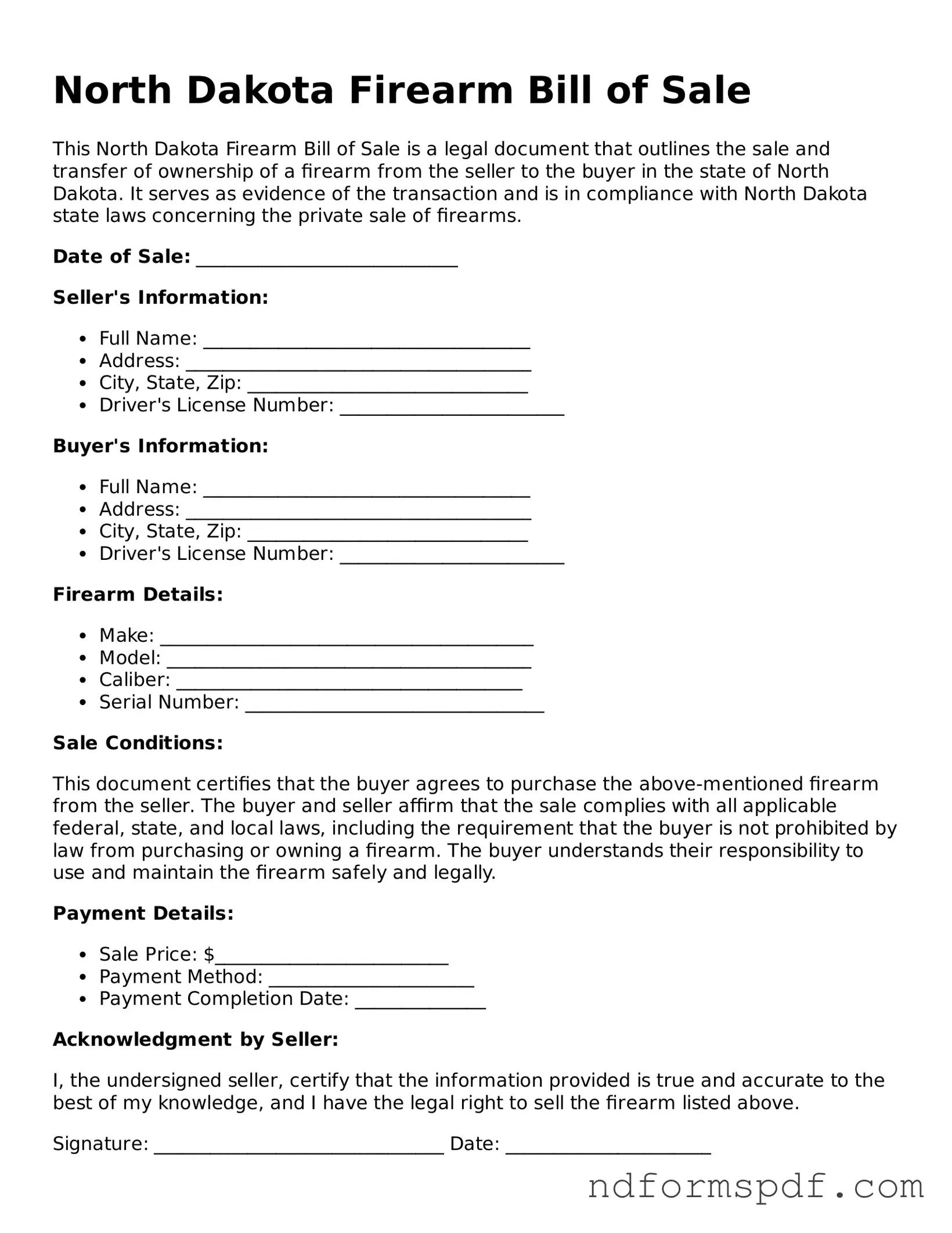 Attorney-Verified Firearm Bill of Sale Form for the State of North Dakota