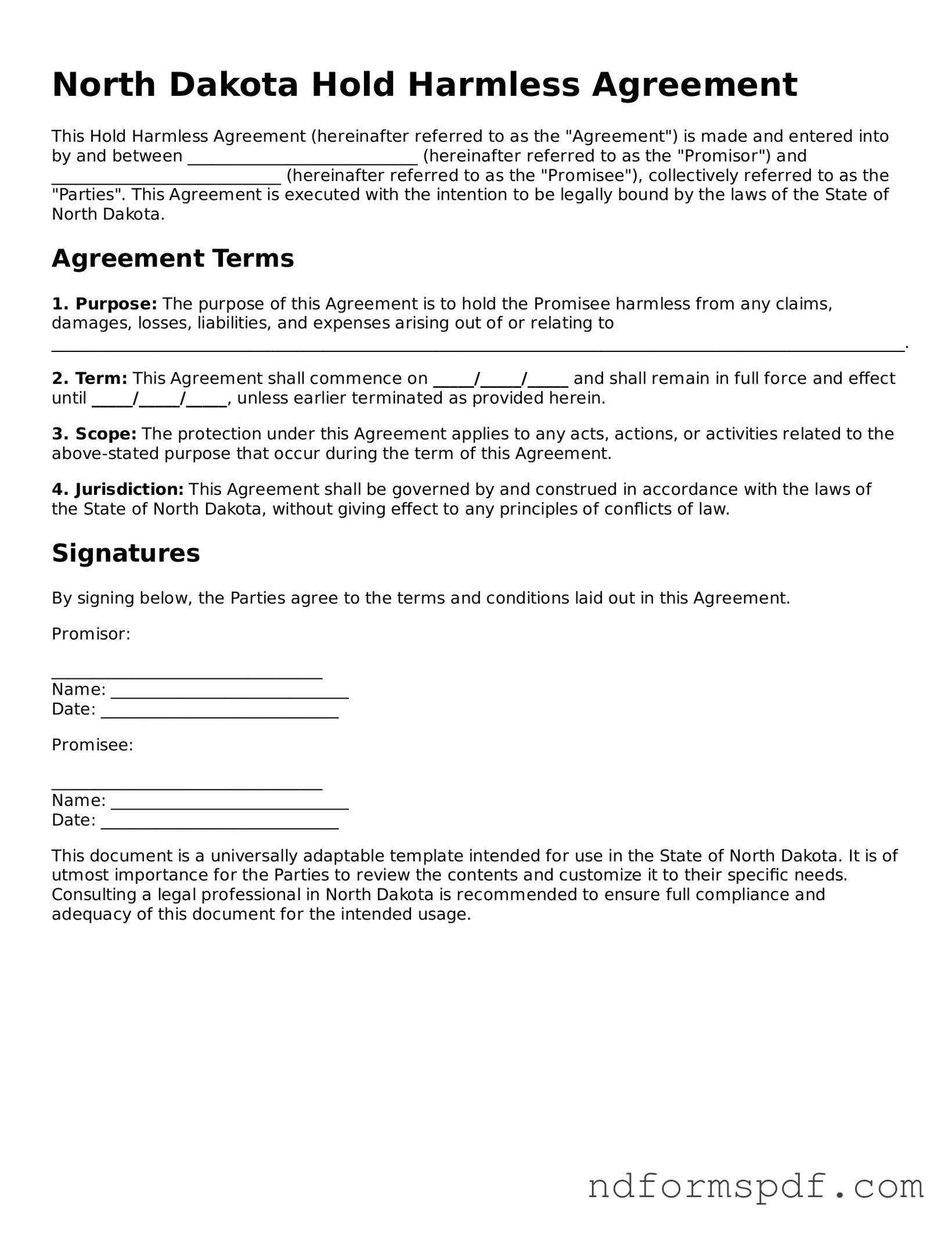 Attorney-Verified Hold Harmless Agreement Form for the State of North Dakota