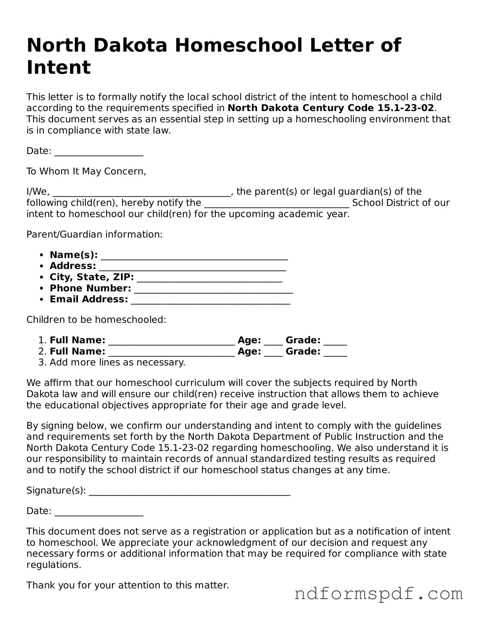 Attorney-Verified Homeschool Letter of Intent Form for the State of North Dakota