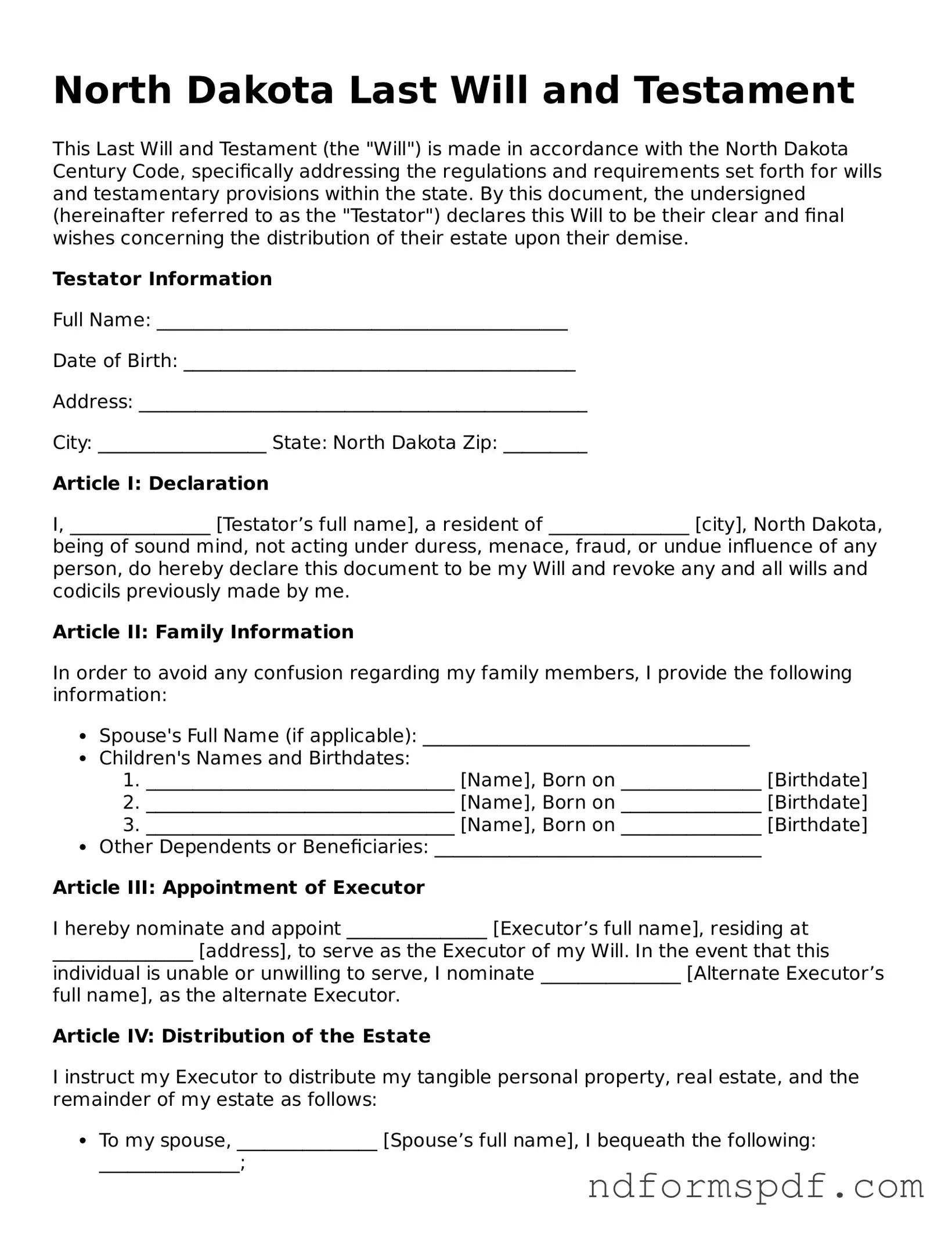 Attorney-Verified Last Will and Testament Form for the State of North Dakota