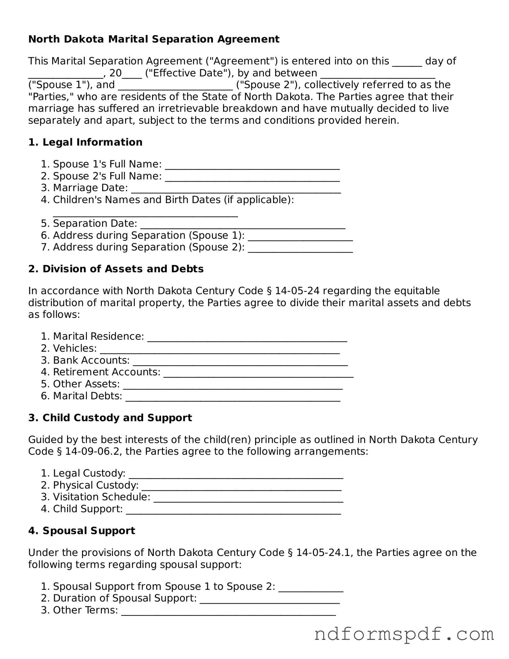 Attorney-Verified Marital Separation Agreement Form for the State of North Dakota