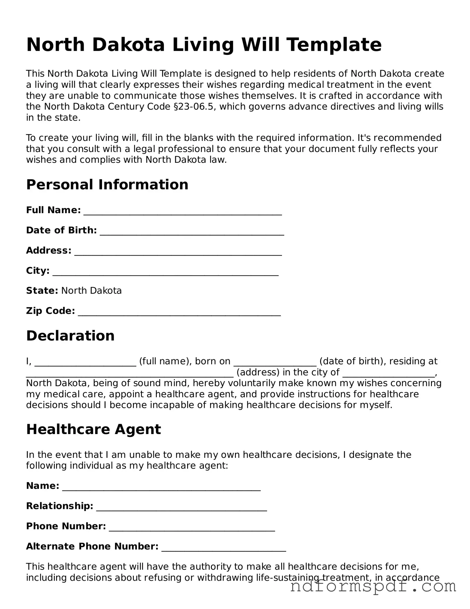 Attorney-Verified Living Will Form for the State of North Dakota