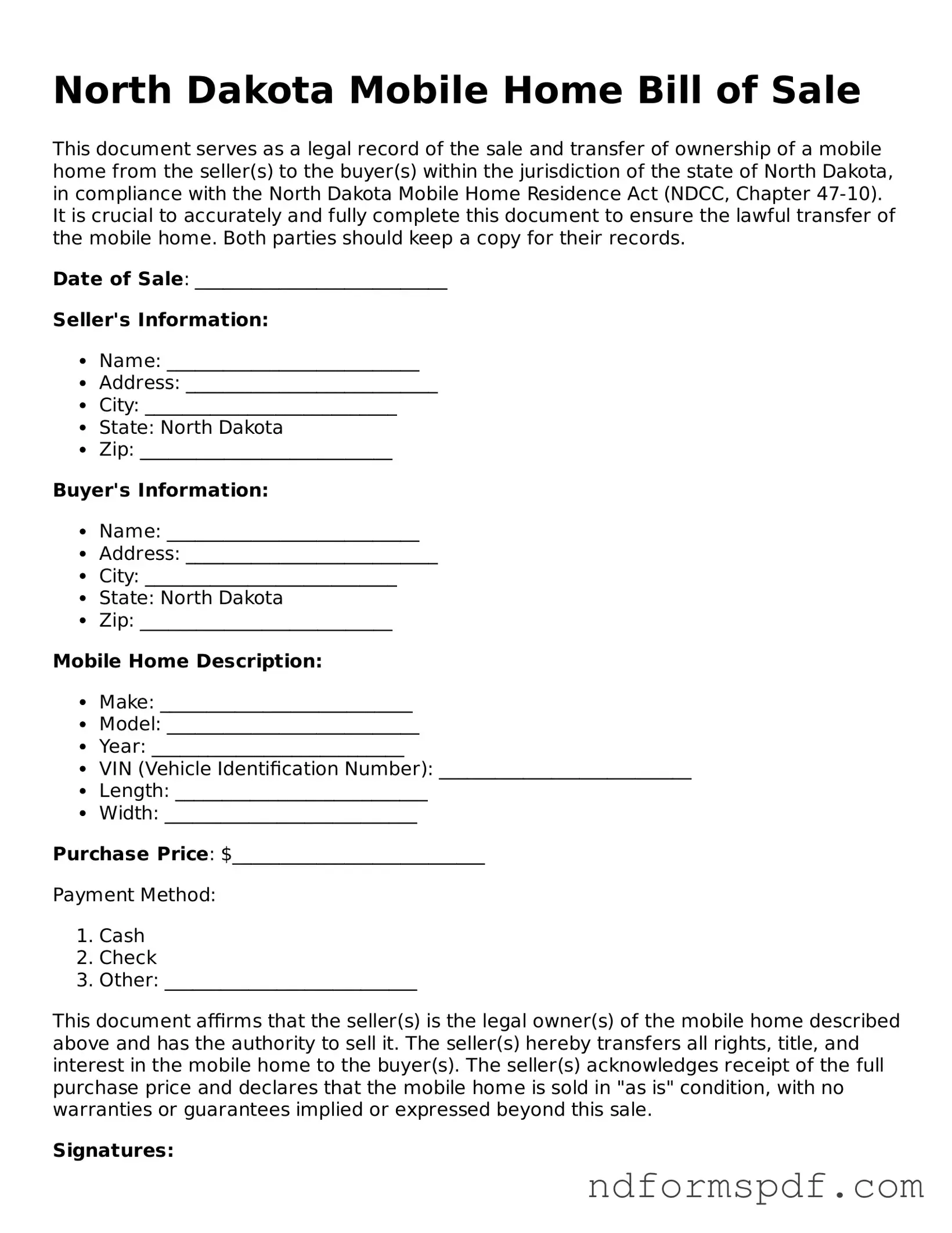 Attorney-Verified Mobile Home Bill of Sale Form for the State of North Dakota