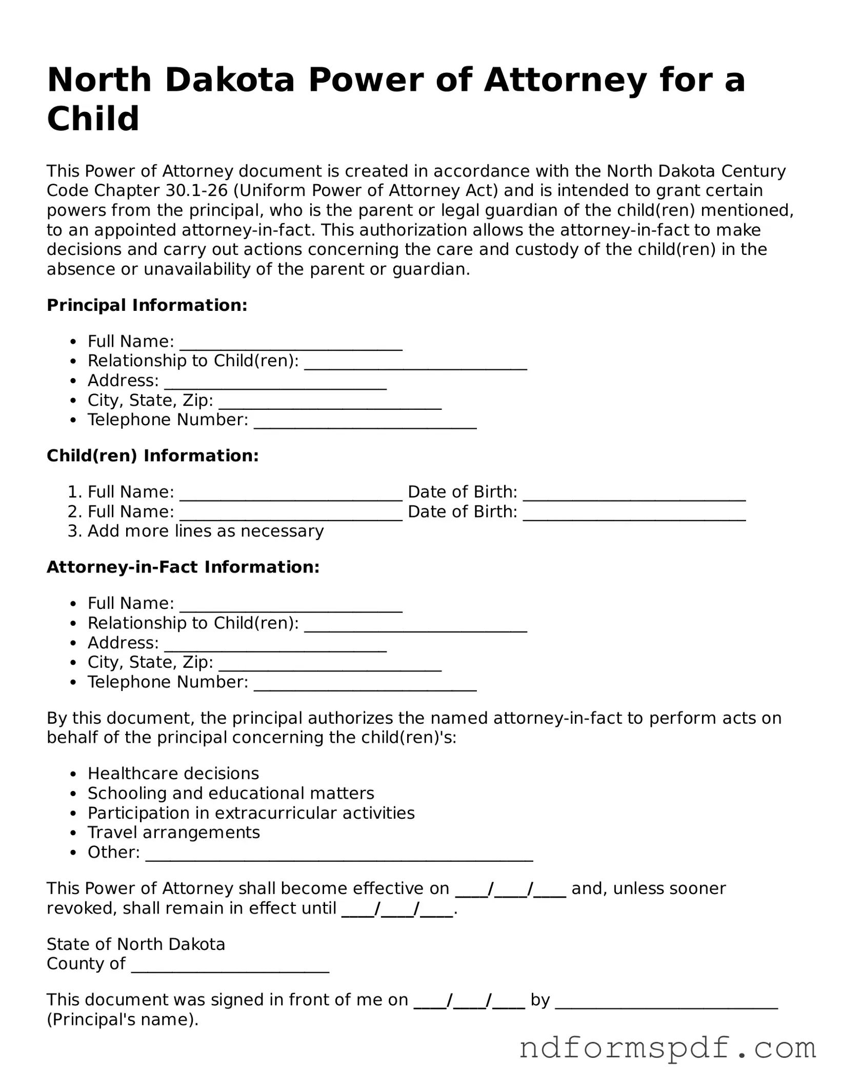 Attorney-Verified Power of Attorney for a Child Form for the State of North Dakota