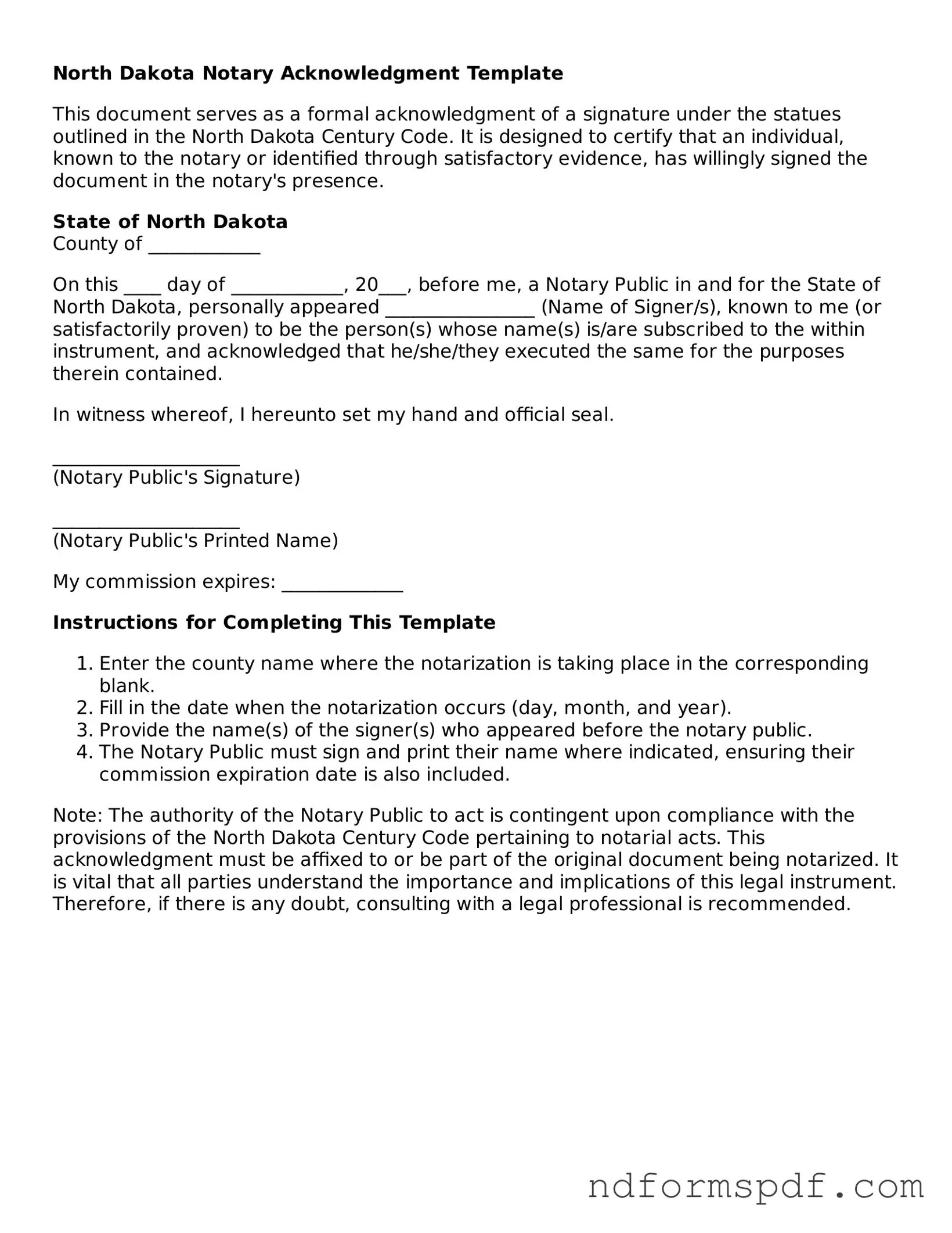 Attorney-Verified Notary Acknowledgement Form for the State of North Dakota