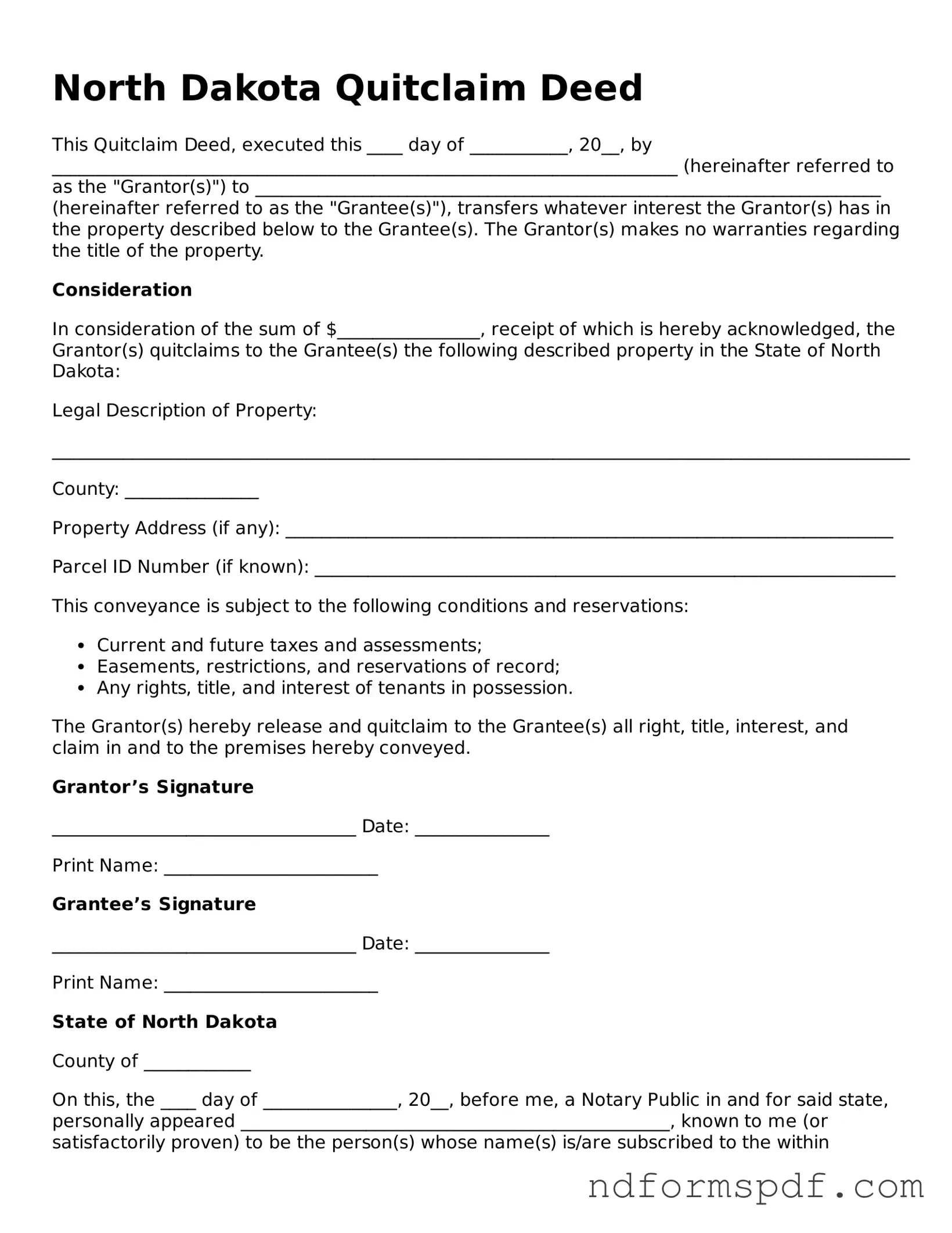 Attorney-Verified Quitclaim Deed Form for the State of North Dakota