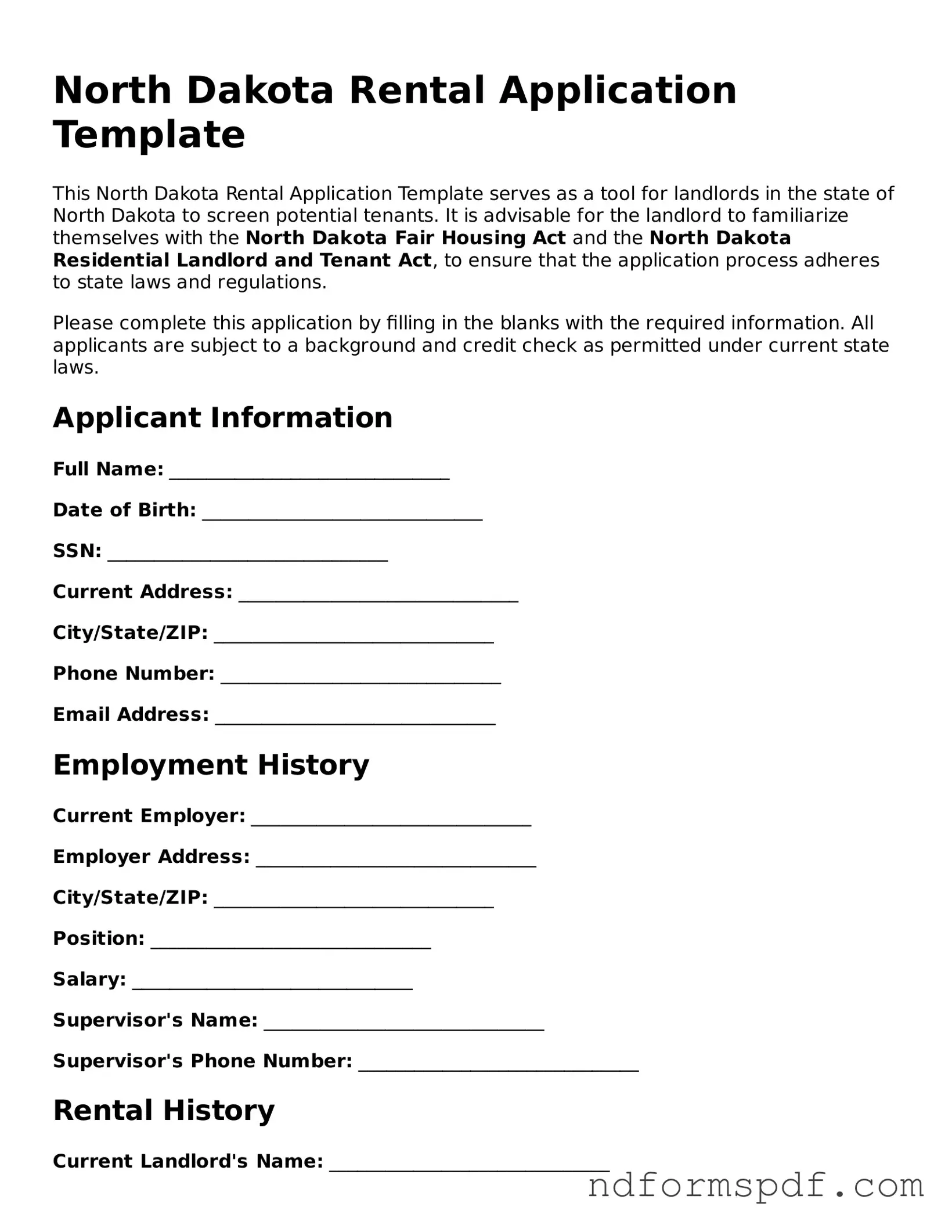 Attorney-Verified Rental Application Form for the State of North Dakota
