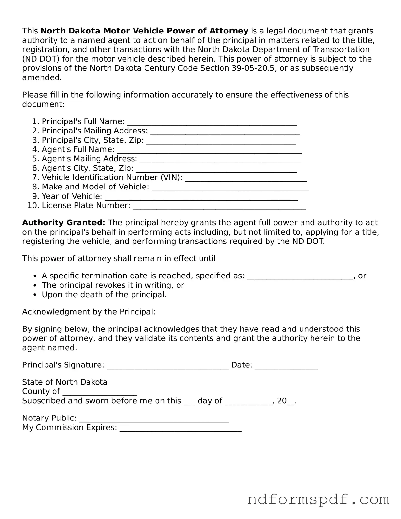 Attorney-Verified Motor Vehicle Power of Attorney Form for the State of North Dakota