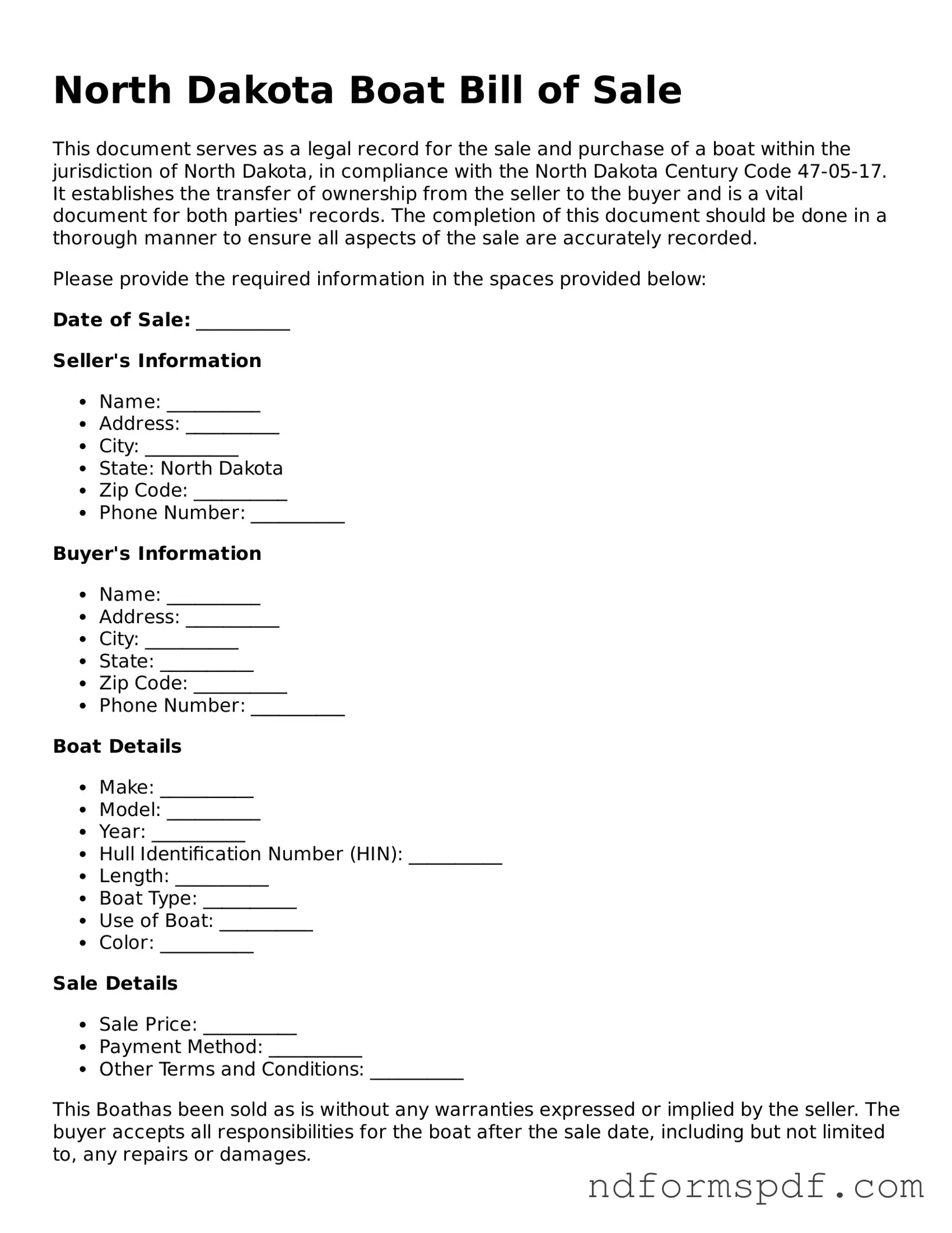Attorney-Verified Boat Bill of Sale Form for the State of North Dakota
