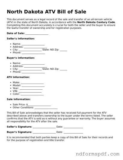 Attorney-Verified ATV Bill of Sale Form for the State of North Dakota