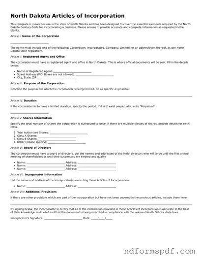 Attorney-Verified Articles of Incorporation Form for the State of North Dakota