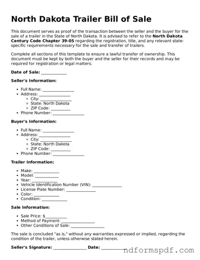 Attorney-Verified Trailer Bill of Sale Form for the State of North Dakota