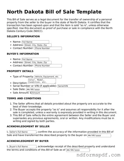 Attorney-Verified Bill of Sale Form for the State of North Dakota