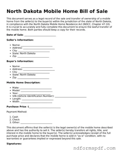 Attorney-Verified Mobile Home Bill of Sale Form for the State of North Dakota