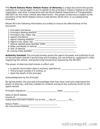 Attorney-Verified Motor Vehicle Power of Attorney Form for the State of North Dakota
